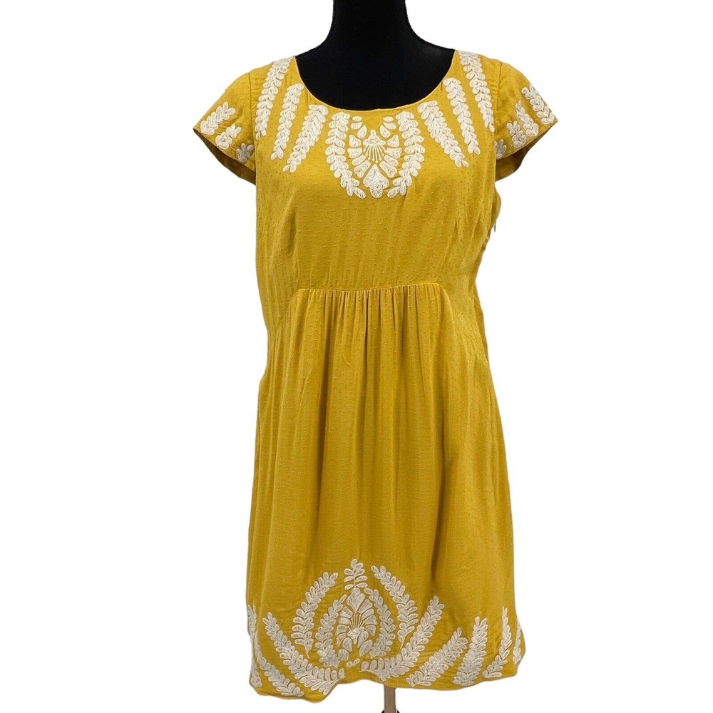 Boden Mustard White Embroidered Floral Viscose Career Workwear Midi Dress 8